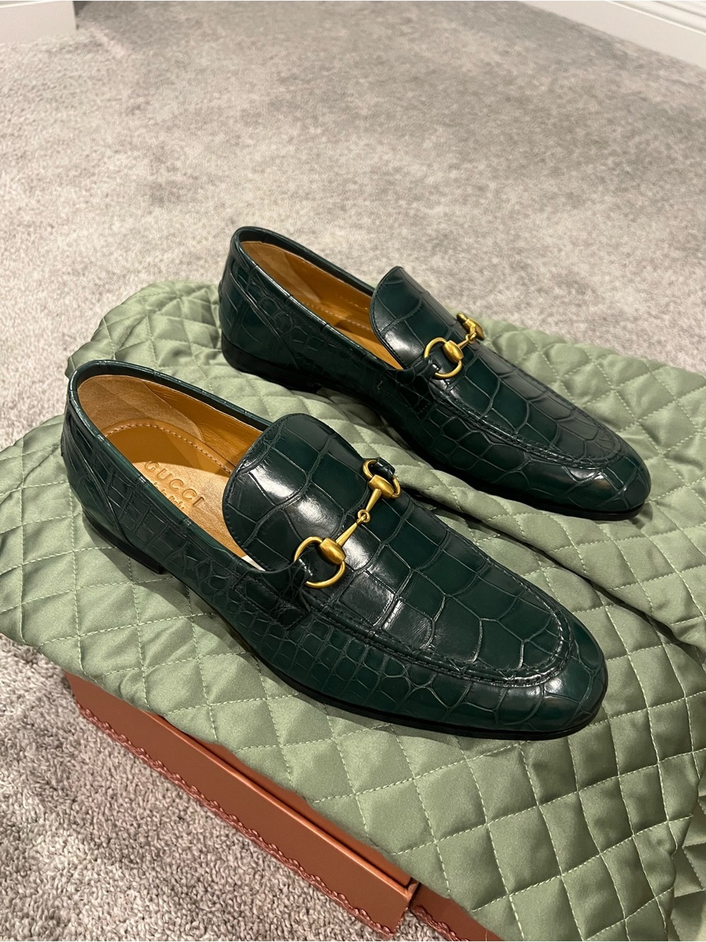 Gucci Green Croc-Embossed Leather Loafers